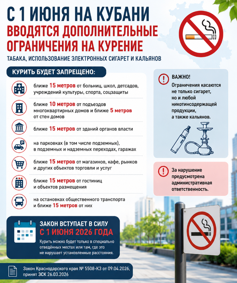 Напоминаем: с 1 июня на Кубани вводятся дополнительные ограничения на курение